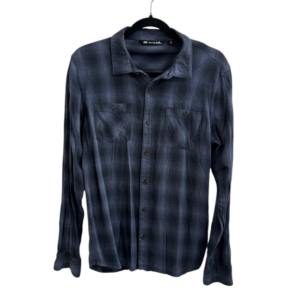 TravisMathew Men’s Blue Plaid Long Sleeve Button-Up Woven Pockets Shirt Size M
